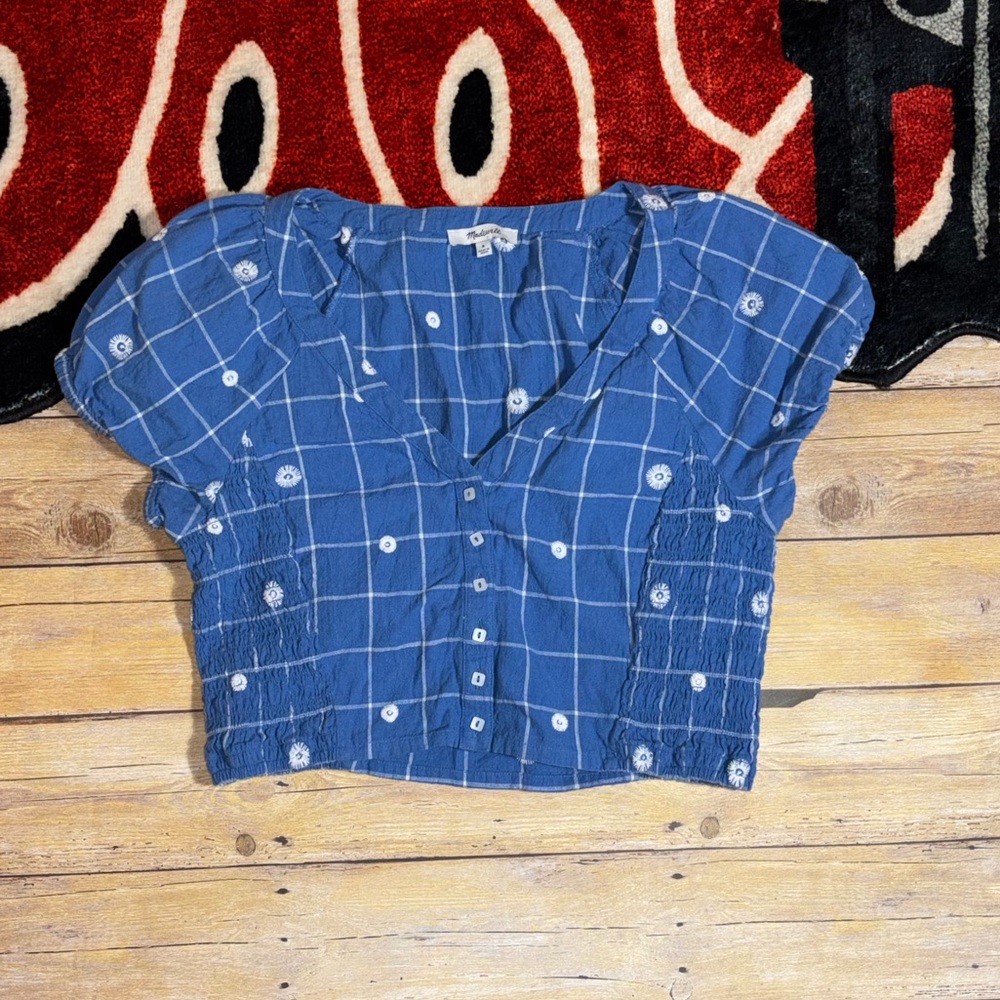 Madewell Blue Grid Smocked Top – Size 8 💙